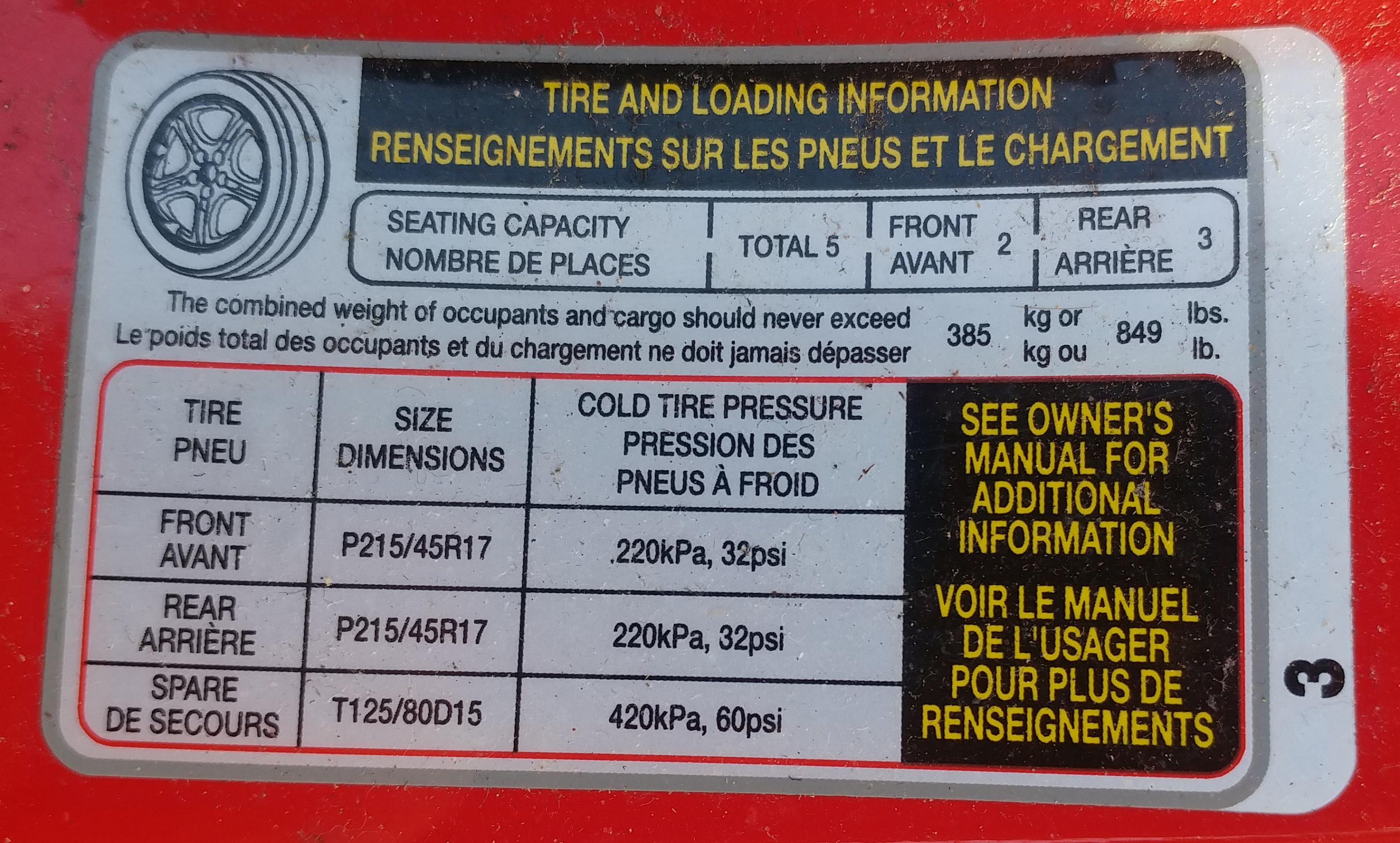 Elantra Touring tire and loading information